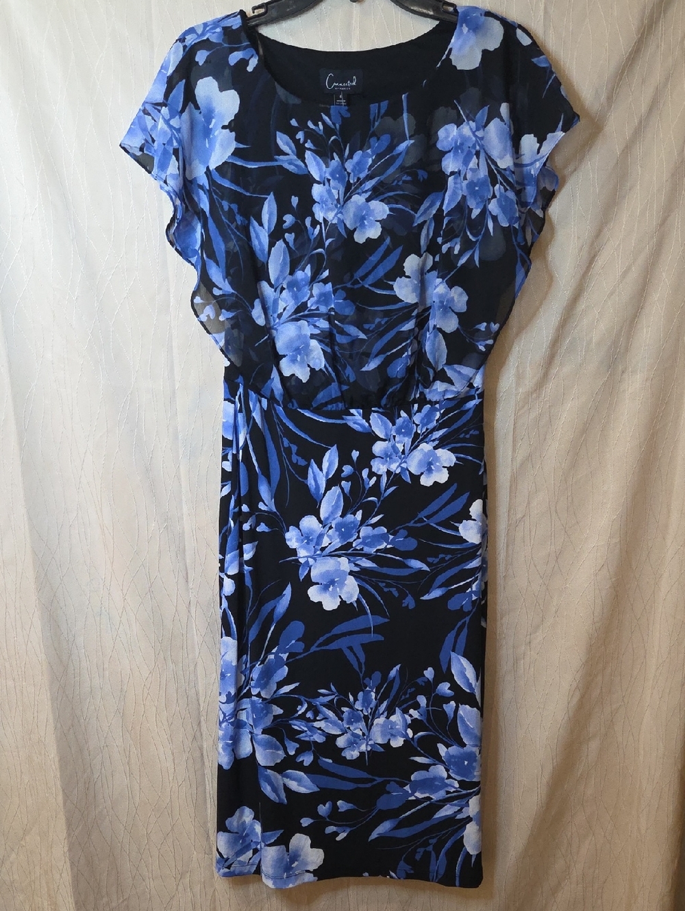 Connected Apparel Black Midi Dress with Blue Floral Print